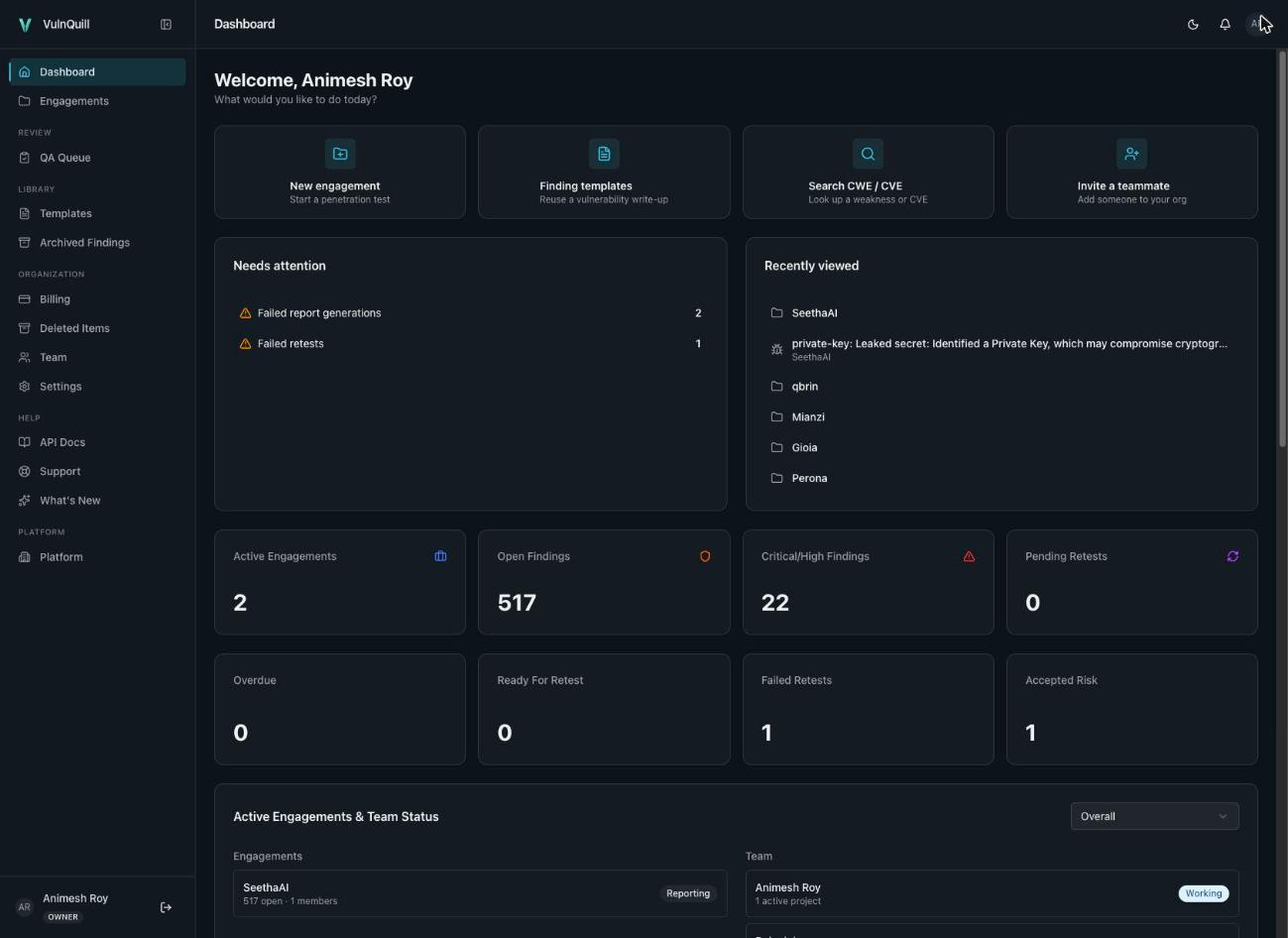 VulnQuill dashboard — engagements, open findings, severity and retest status