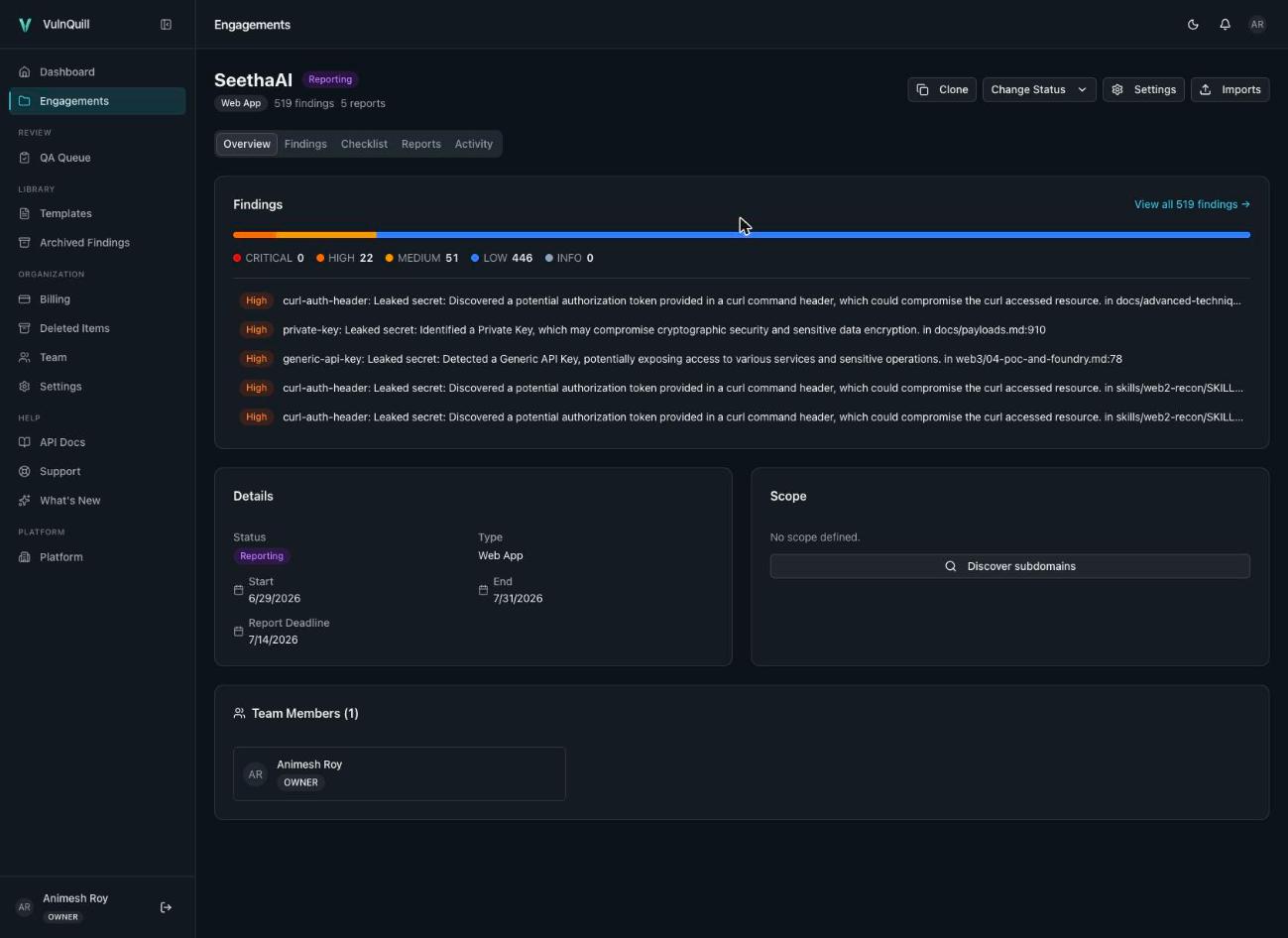 VulnQuill engagement overview — severity distribution, top findings, scope and team