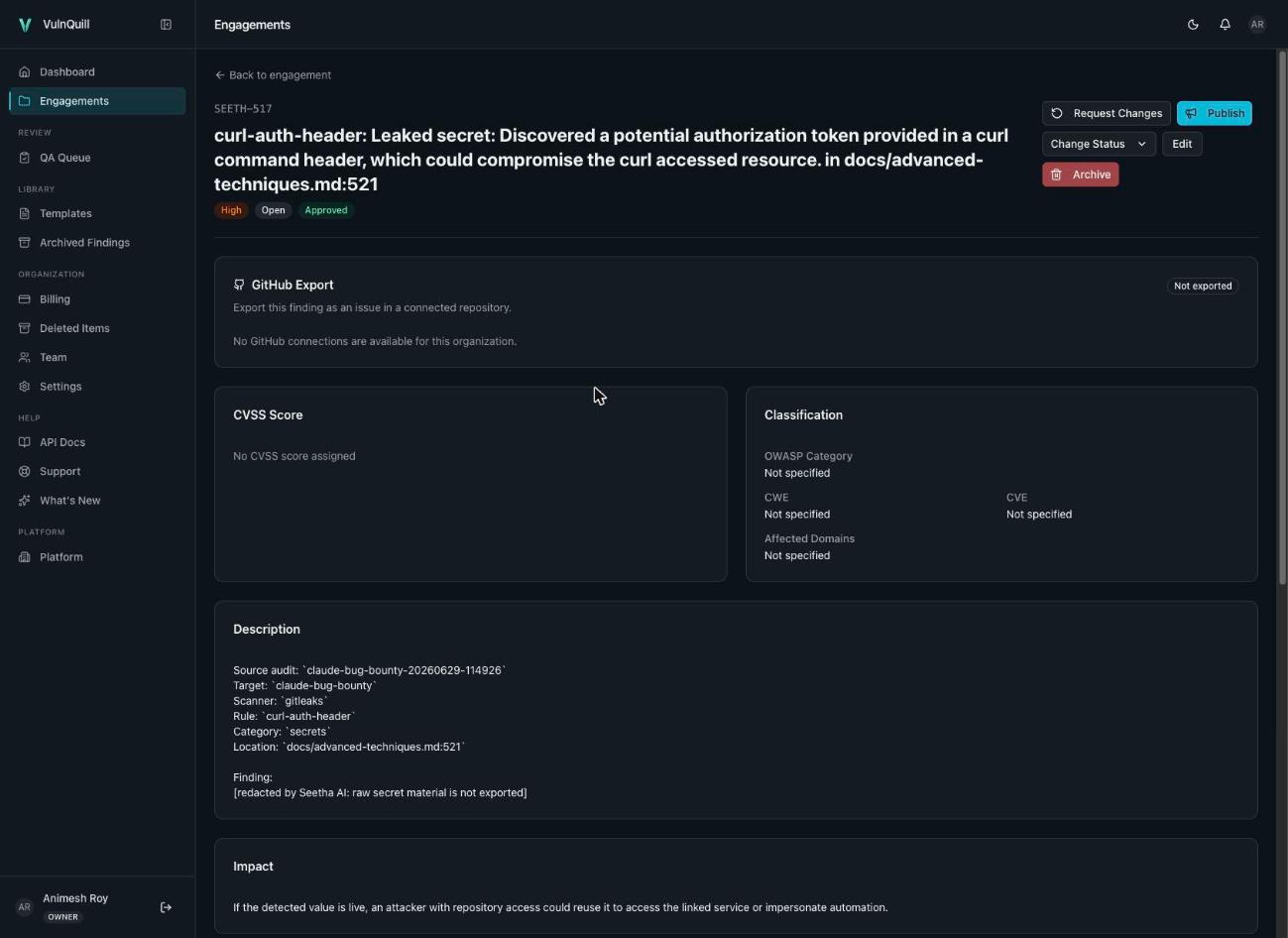 VulnQuill finding detail — CVSS score, CWE/CVE classification, description and impact