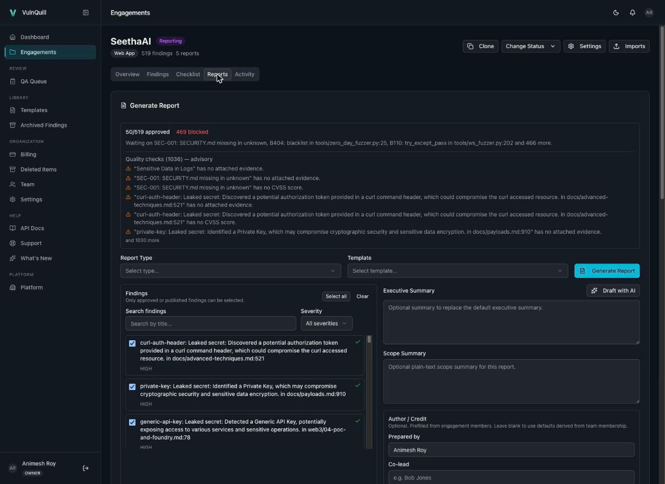 VulnQuill report builder — QA gate, quality checks, template selection and AI executive summary